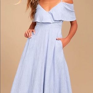 Lulus Yacht Rock Blue and White Striped Off-the-Shoulder Midi Dress
